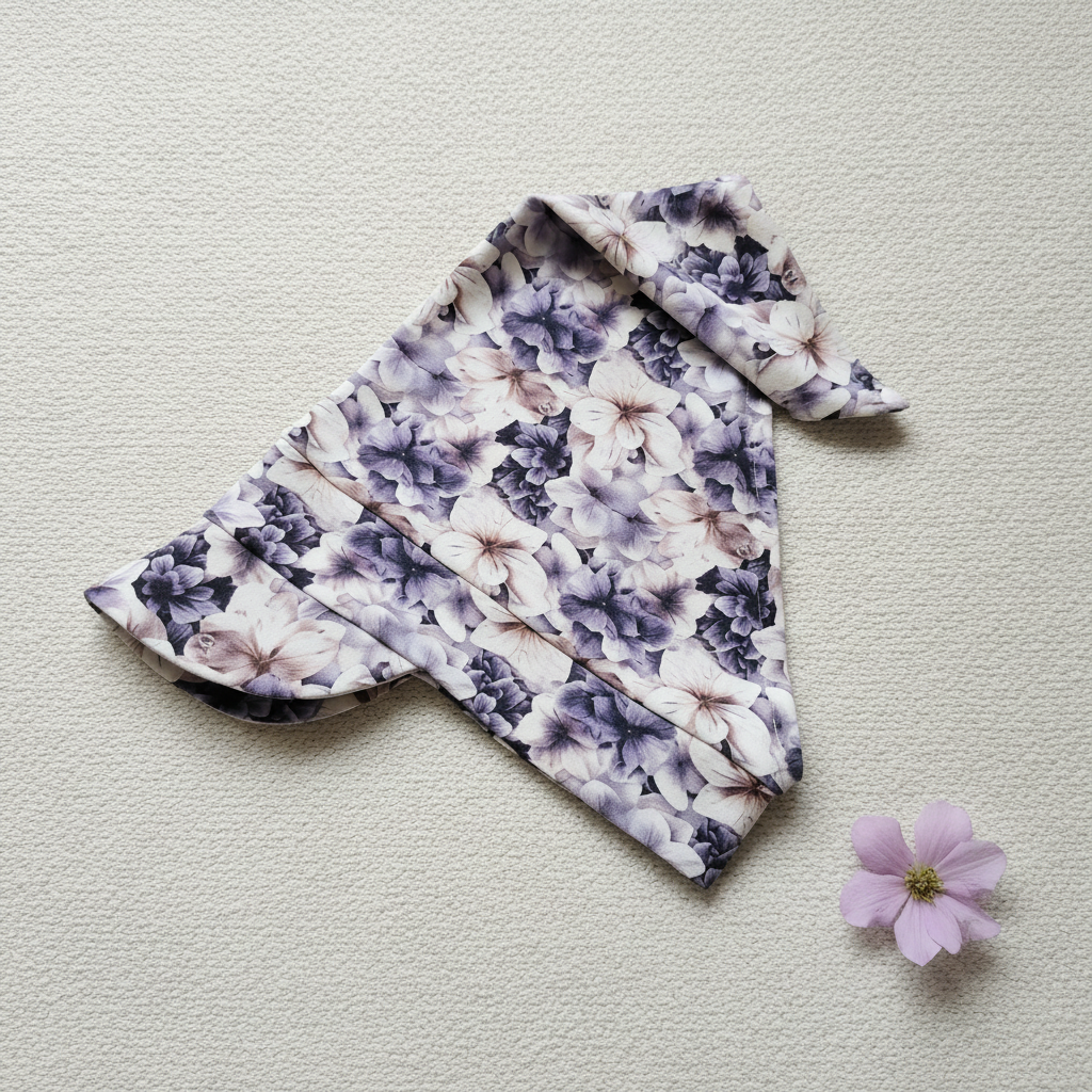 Floral baby hat on knitted fabric with lilac flower