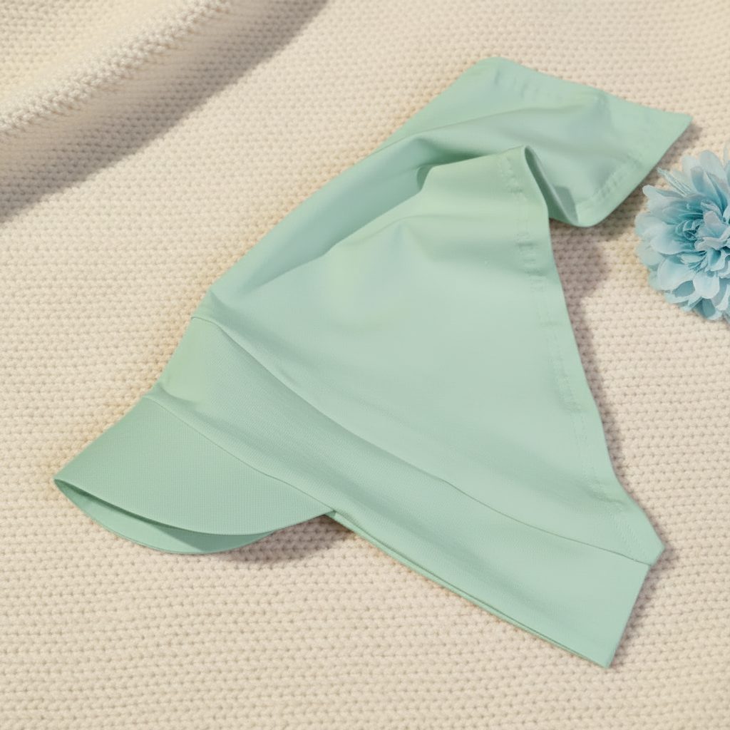 Mint green headscarf on knitted fabric with light blue flower