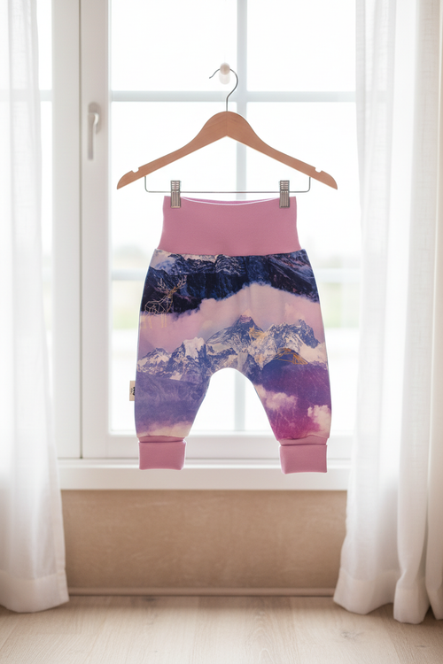 Mountain print baby pants natural light