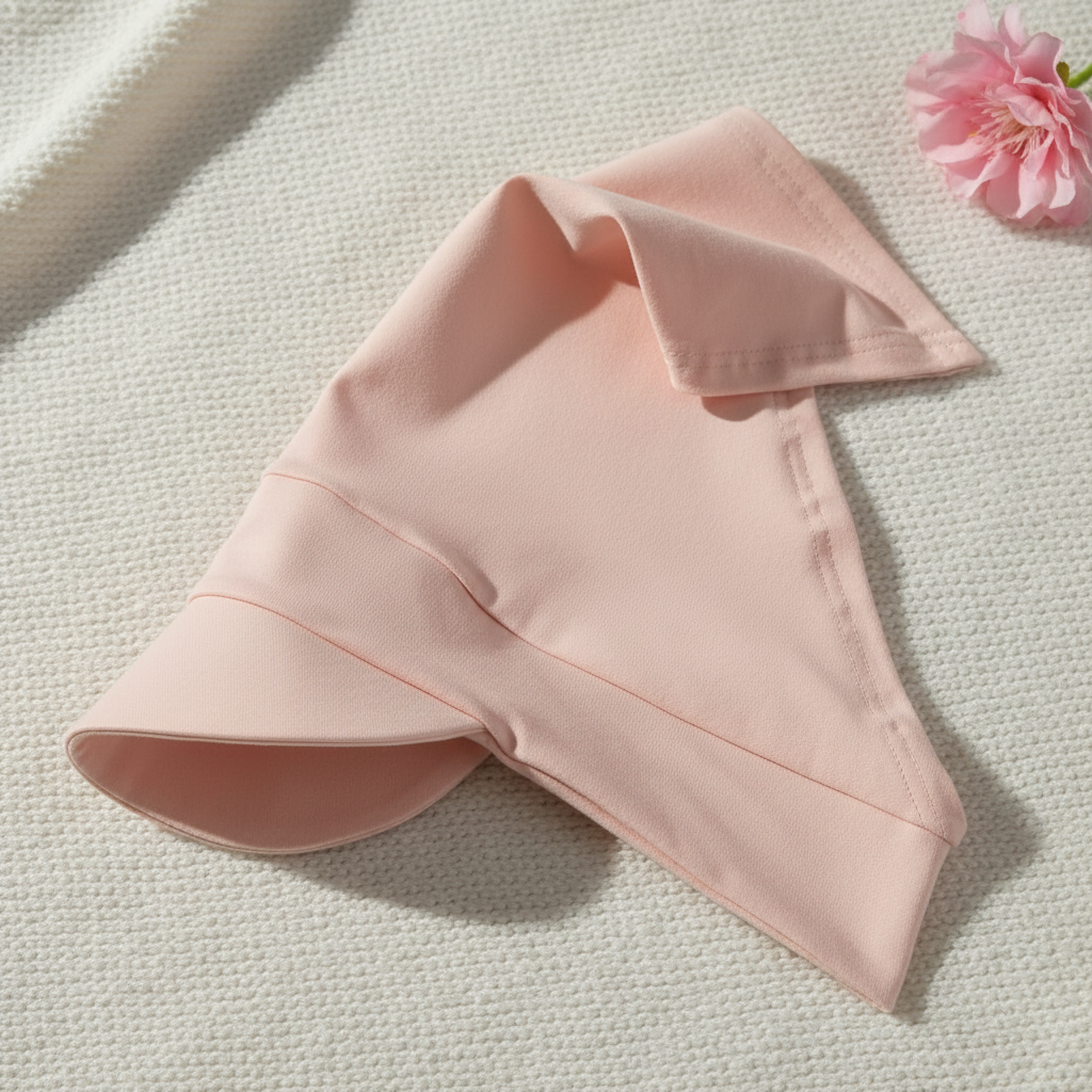 Powder pink headscarf on knitted fabric with pink flower