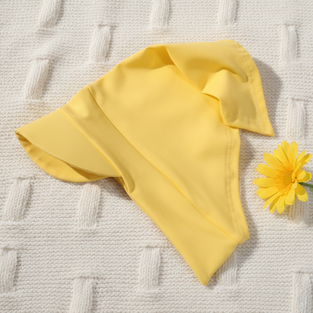 Yellow baby headscarf on knitted fabric with yellow flower